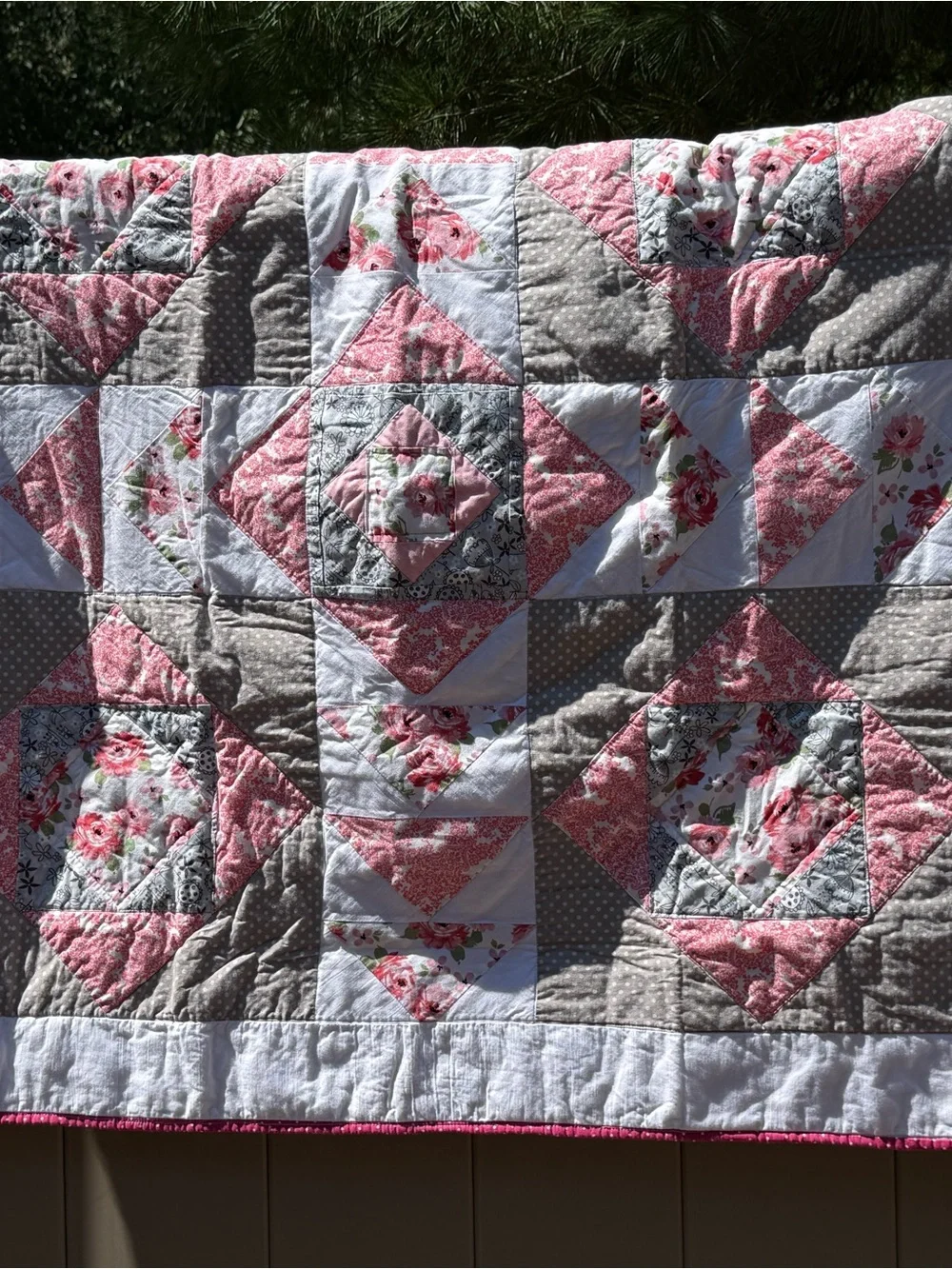 Vintage-Inspired Cozy “Avery Rose Quilt Baby or Throw Blanket In Pinks and Gray